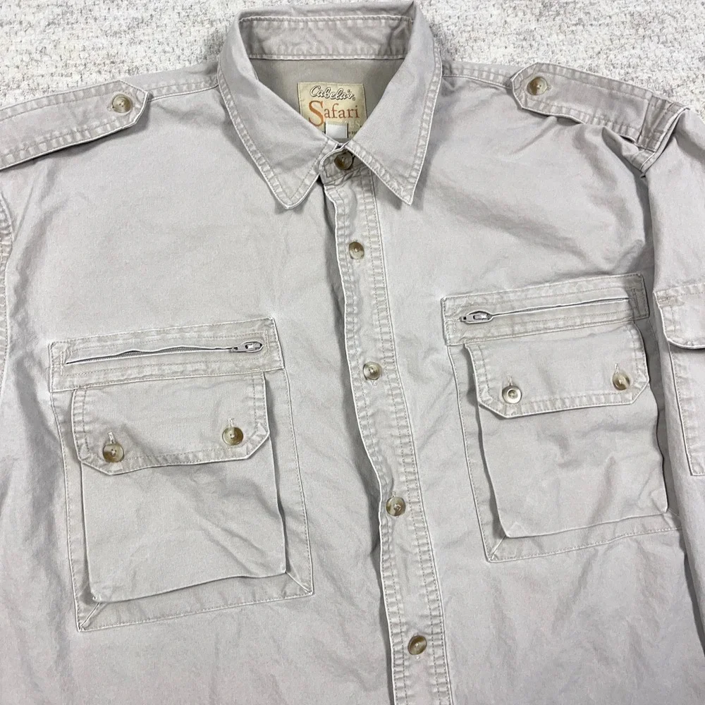 Cabelas Safari Shirt Men Large Tan Khaki Pockets Camp Hiking Guide - Picture 6 of 14